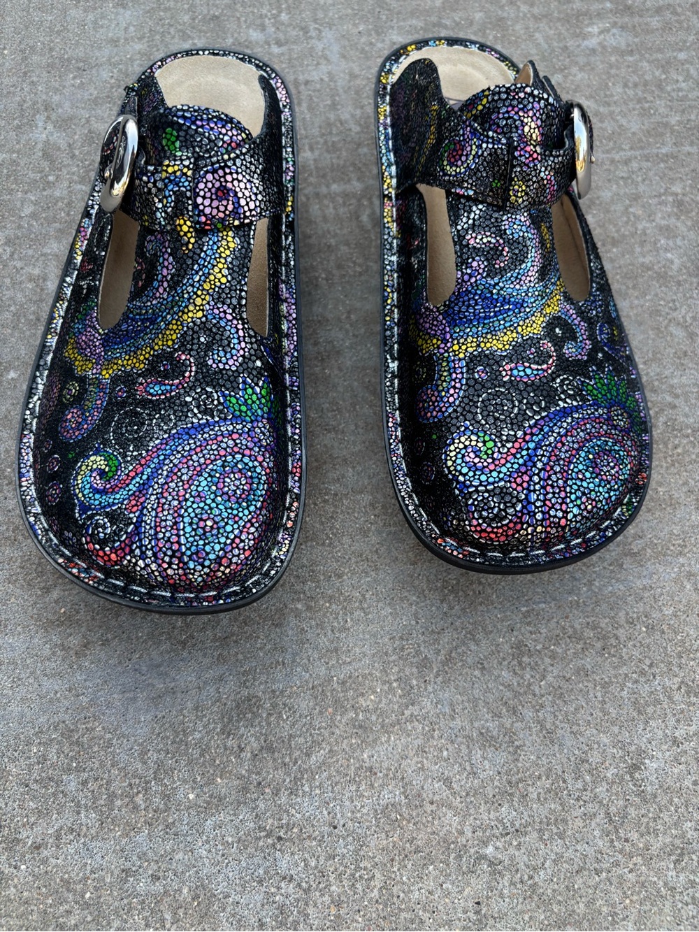 Alegria Black Multicolor Paisley Clogs